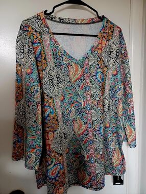 Boho V-Neck Tunic Top in Multicolor Paisley XXL By